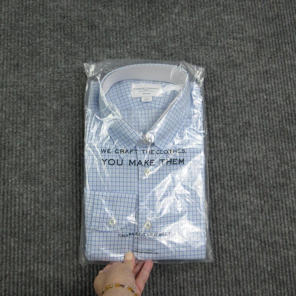 Charles Tyrwhitt Shirt Mens 17 36/37 Blue Check Button Down Slim Fit NWOT